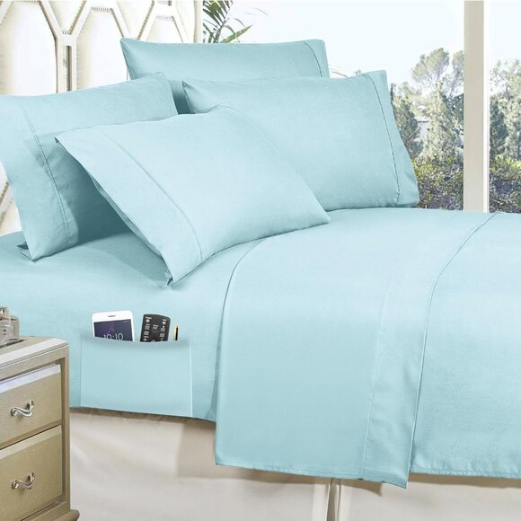 New Aqua Blue Pinch Pleated 8 Piece Bed in a Bag Comforter Set • King Size - Picture 3 of 4
